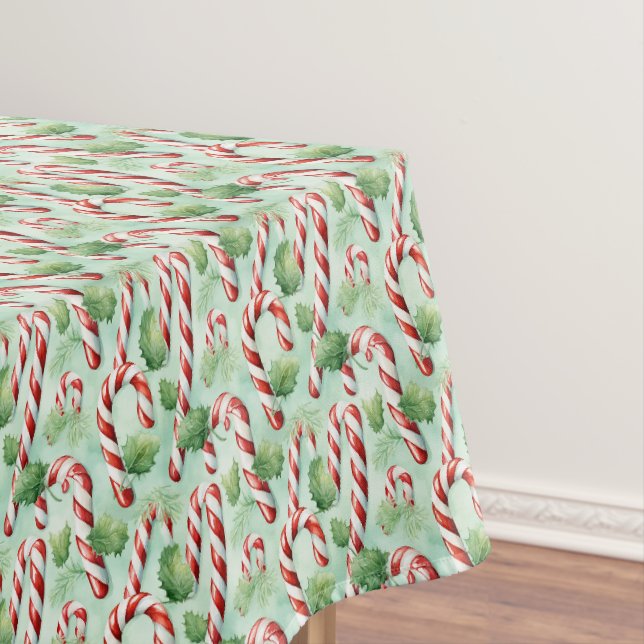 Classic watercolor red green Christmas candy canes Tablecloth (In Situ)