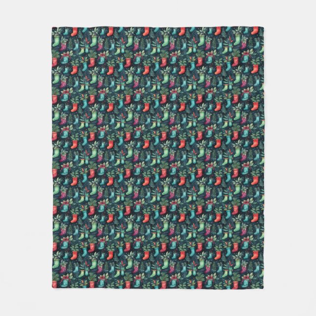 Classic watercolor red & green Christmas stocking Fleece Blanket (Front)