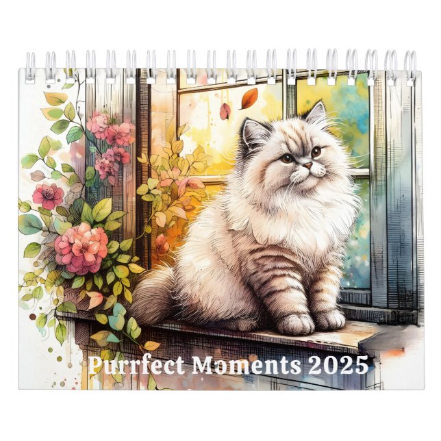 Classic Watercolor Twelve Cat Breed Flowers 2025 Calendar (Cover)