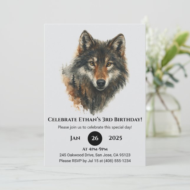 Classic Watercolor Wolf Birthday Invitation (Standing Front)
