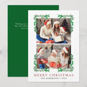 Classic Watercolor Wreath 2 Photo Merry Christmas  Holiday Card