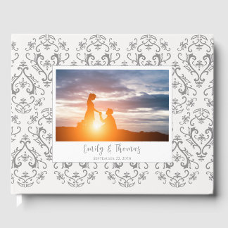 Classic Wedding Elegant Damask Pattern Grey Guest Book