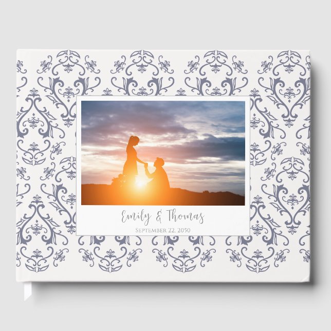 Classic Wedding Elegant Damask Pattern Navy Blue Guest Book (Front)