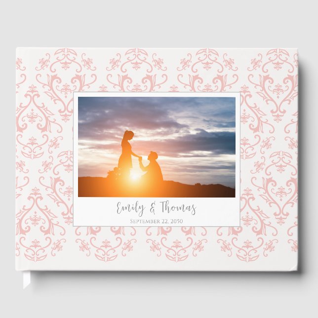 Classic Wedding Elegant Damask Pattern Peach Coral Guest Book (Front)