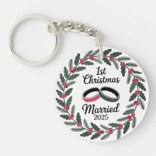 Classic Wedding Rings Wreath   1st Christmas Keychain