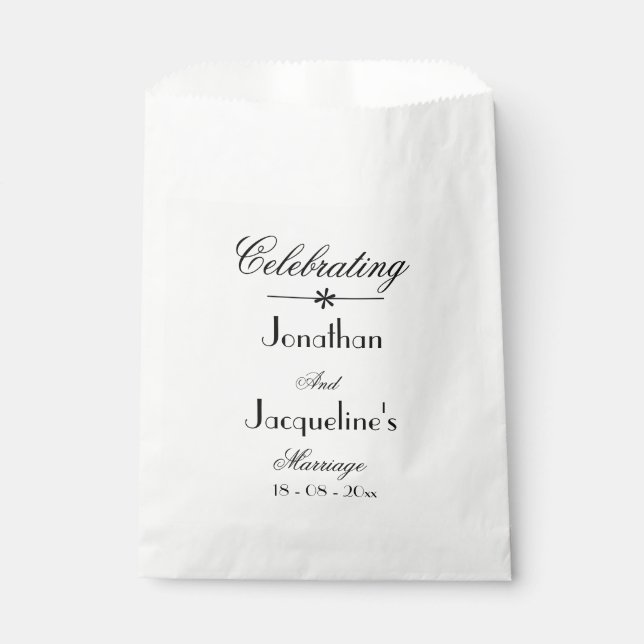 Classic Wedding Script Names Elegant White Favour Bag (Front)