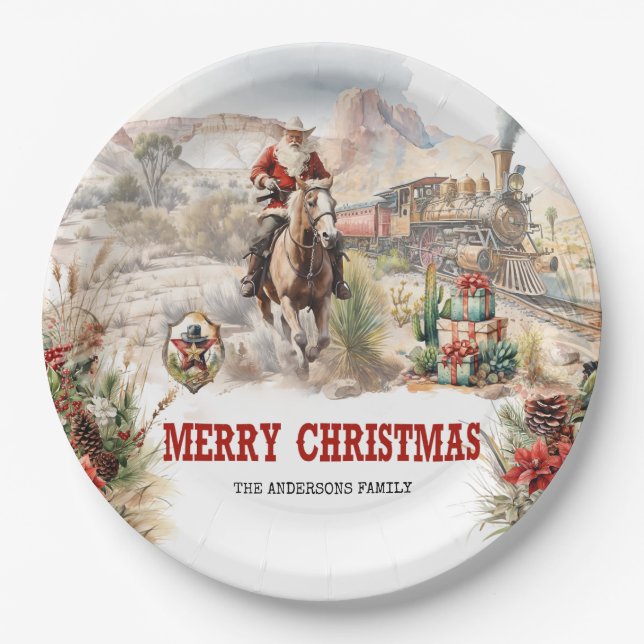 Classic western style with Santa cowboy red train Paper Plate (Front)