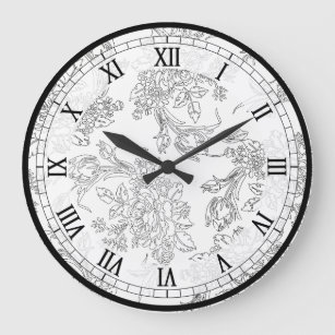 Classic White and Black Floral Toile Large Clock