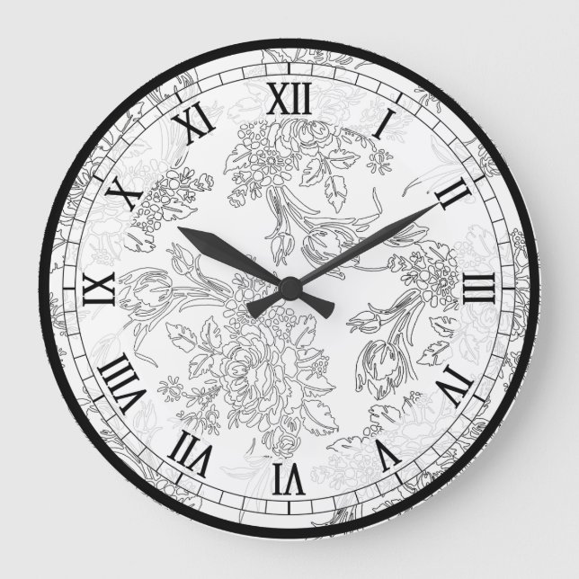 Classic White and Black Floral Toile Large Clock (Front)