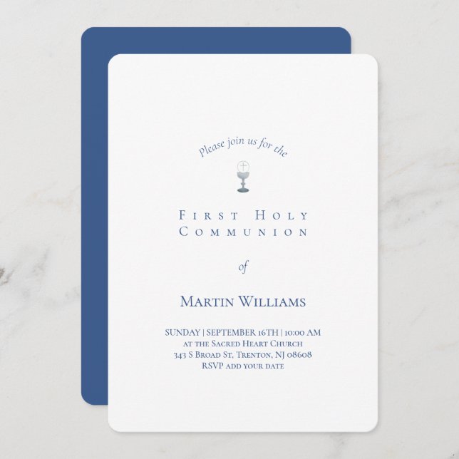 classic white and blue First Communion boy Invitation (Front/Back)