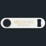 Classic White and Gold Personalized Groomsman Bar Key<br><div class="desc">Classic White and Gold Personalized Groomsman Gifts featuring personalized groomsman's name and title in gold classic serif font style. Also perfect for Best Man, Father of the Bride and more. Please Note: The foil details are simulated in the artwork. No actual foil will be used in the making of this...</div>