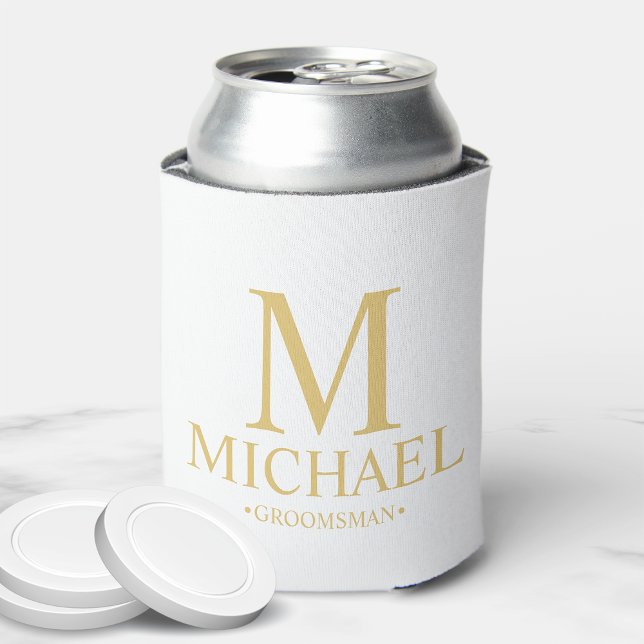 Classic White and Gold Personalized Groomsman Can Cooler (Creator Uploaded)