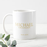 Classic White and Gold Personalized Groomsman Coffee Mug<br><div class="desc">Classic White and Gold Personalized Groomsman Gifts featuring personalized groomsman's name, title and wedding date in gold classic serif font style. Also perfect for Best Man, Father of the Bride and more. Please Note: The foil details are simulated in the artwork. No actual foil will be used in the making...</div>