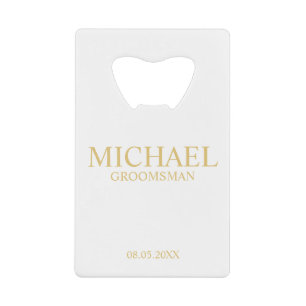 Classic White and Gold Personalized Groomsman Credit Card Bottle Opener