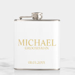 Classic White and Gold Personalized Groomsman Hip Flask<br><div class="desc">Classic White and Gold Personalized Groomsman Gifts featuring personalized groomsman's name, title and wedding date in gold classic serif font style. Also perfect for Best Man, Father of the Bride and more. Please Note: The foil details are simulated in the artwork. No actual foil will be used in the making...</div>