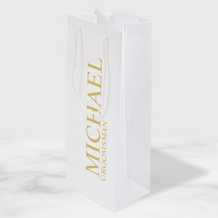 Classic White and Gold Personalized Groomsman Wine Gift Bag