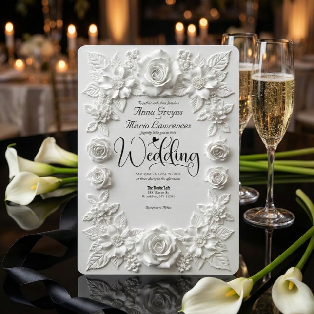 Classic White Bas Relief Faux Embossed Floral  Invitation (Creator Uploaded)