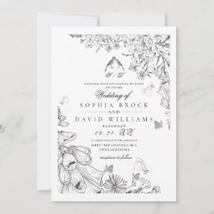 Classic White Black Botanical Wedding  Invitation