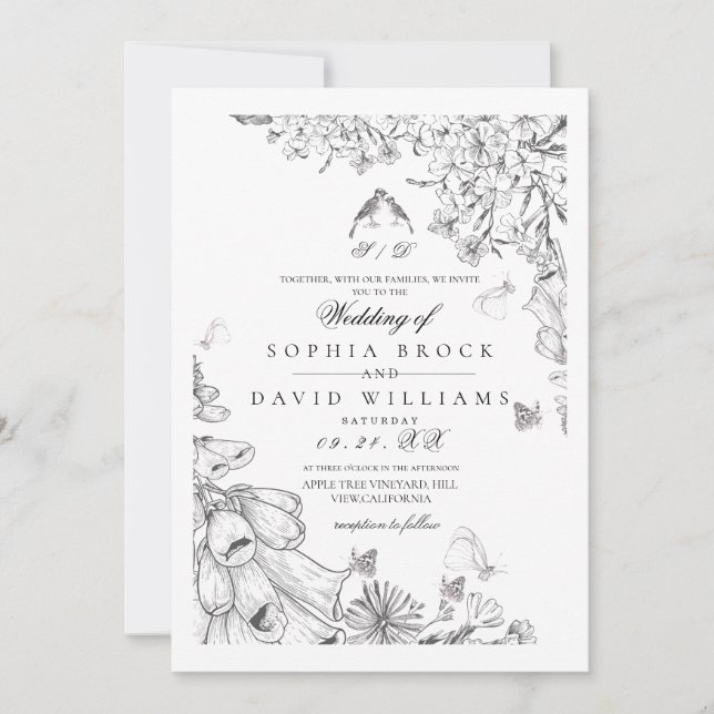 Classic White Black Botanical Wedding  Invitation (Front)