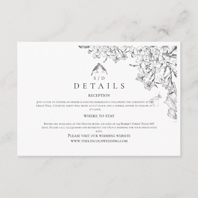 Classic White Black Floral Wedding  Enclosure Card (Front)