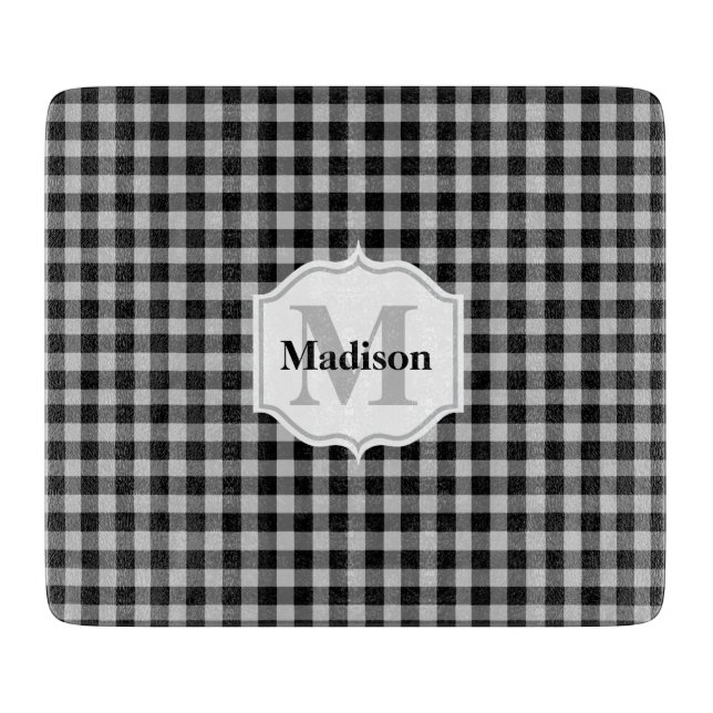 Classic White Black Grey Buffalo Plaid Monogram Cutting Board (Front)