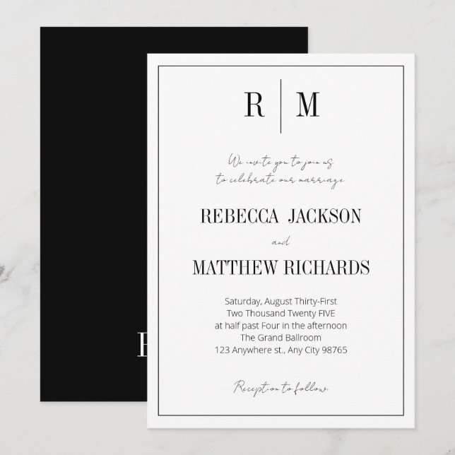Classic White Black Monogram Elegant Wedding Invitation (Front/Back)