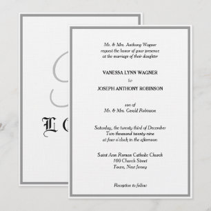 Classic White Black Silver Monogram Wedding  Invitation