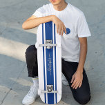 Classic White Blue Racing Stripes Gold Monogrammed Skateboard<br><div class="desc">Create your own custom, personalized, classic navy blue and white racing stripes, cool, stylish, classy elegant faux gold typography script, best quality hard-rock maple competition shaped skateboard deck. To customize, simply type in your name / monogram / initials. While you add / design, you'll be able to see a preview...</div>