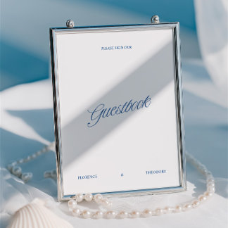 Classic White & Blue Script Wedding Guestbook Sign