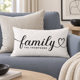 Classic White Family Heart Script Monogram Lumbar Pillow