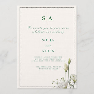 classic white floral and border wedding invitation