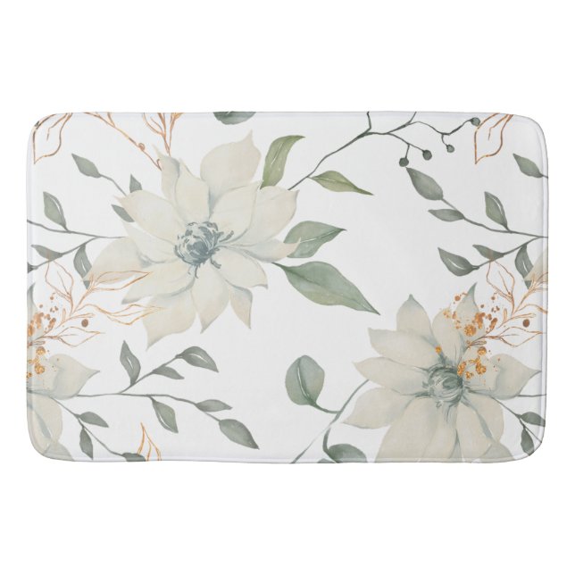 Classic White Floral Botanical White Background Bath Mat (Front)