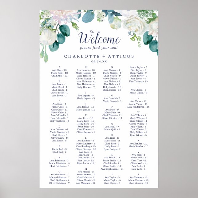 Classic White Flowers Alphabetical Seating Chart (Front)