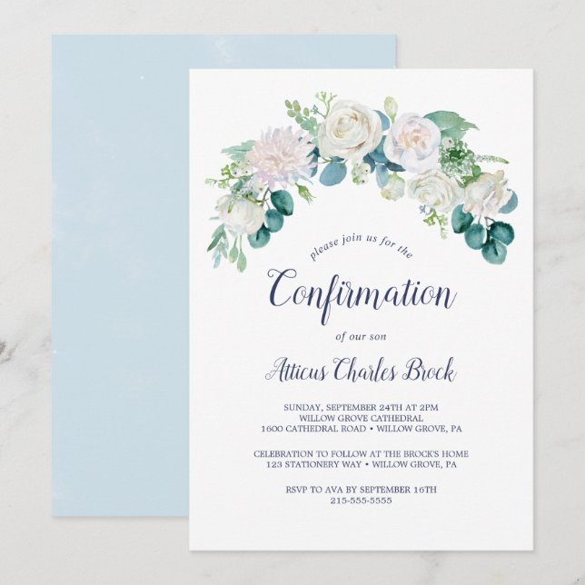 Classic White Flowers Confirmation Invitation (Front/Back)