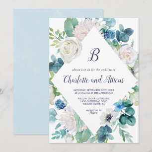 Classic White Flowers Diamond Monogram Wedding Invitation