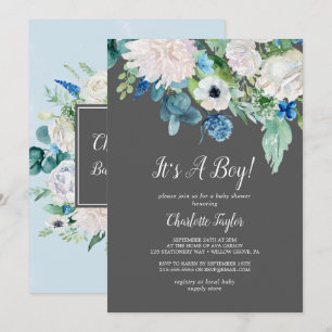 Classic White Flowers Grey It's A Boy Baby Shower Invitation