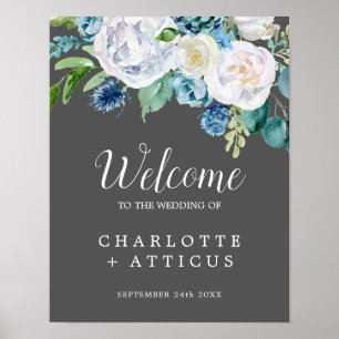 Classic White Flowers   Grey Welcome Wedding Poster
