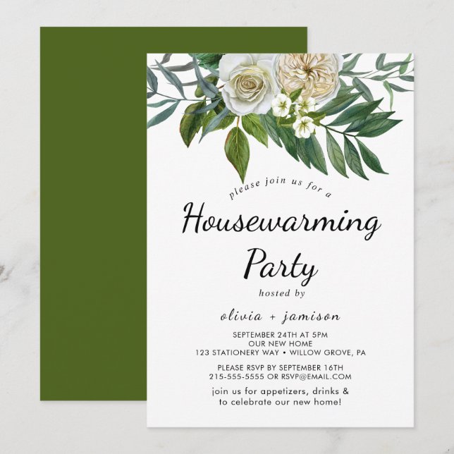 Classic White Flowers Housewarming Invitation (Front/Back)