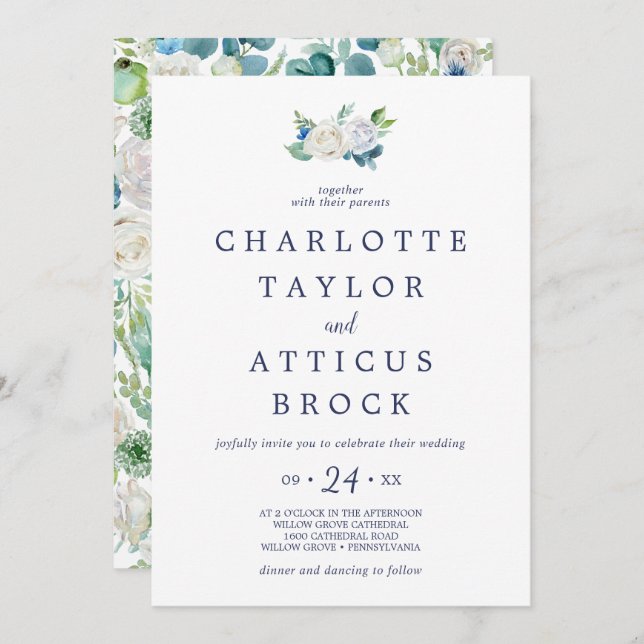 Classic White Flowers Monogram Wedding Invitation (Front/Back)