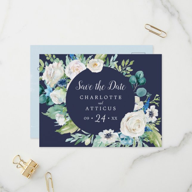 Classic White Flowers Navy Save the Date Postcard (Front/Back In Situ)