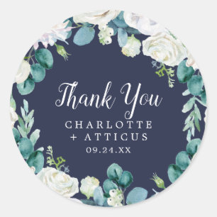 Classic White Flowers Navy Thank You Favour Sticke Round Sticker