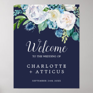 Classic White Flowers   Navy Welcome Wedding Poster