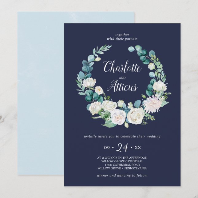 Classic White Flowers | Navy Wreath Casual Wedding Invitation (Front/Back)