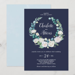 Classic White Flowers   Navy Wreath Casual Wedding Invitation