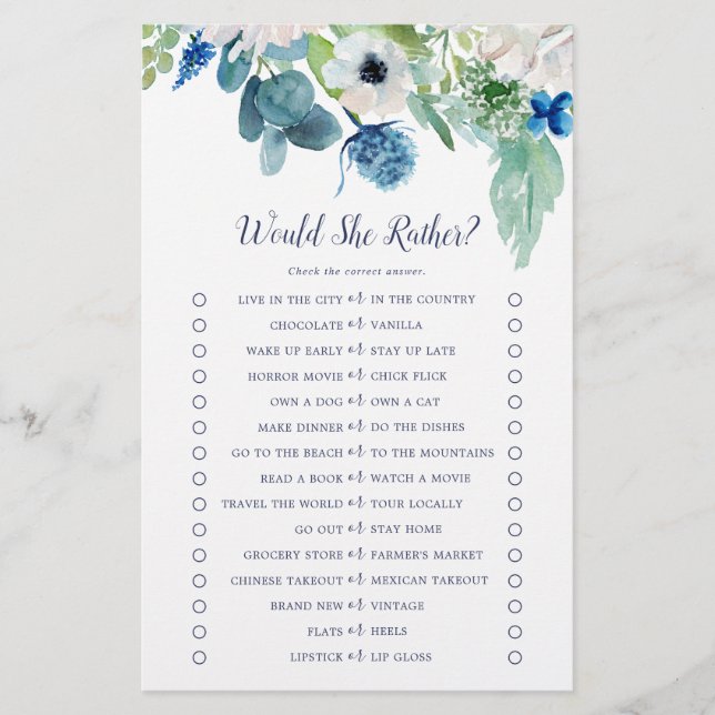 Classic White Flowers Would She Rather Game Flyer (Front)