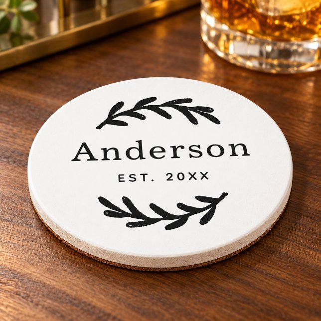 Classic White Laurel Wreath Monogram Est Coaster (Creator Uploaded)