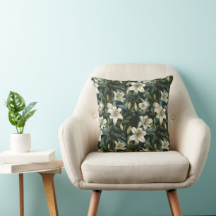 Classic White Lily Green Floral Pattern Throw Pillow