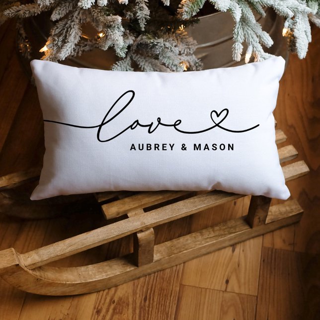 Classic White Love Heart Script Couple Names Lumbar Pillow (Creator Uploaded)