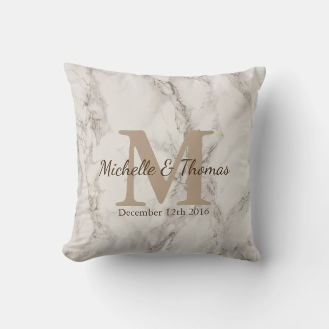 Classic White Marble Taupe Monogram Wedding Date Throw Pillow (Front)