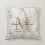 Classic White Marble Taupe Monogram Wedding Date Throw Pillow<br><div class="desc">Beautiful,  classy,  and refined white marble print throw pillow featuring a taupe monogram letter,  the couple's names in script,  and their wedding date on the front. The backside of the pillow has a monogram letter and the family name in script.</div>